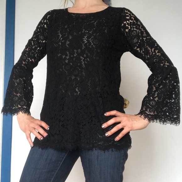 Falcon & Bloom Black Lace Bell Sleeve Top XS - Picture 3 of 8